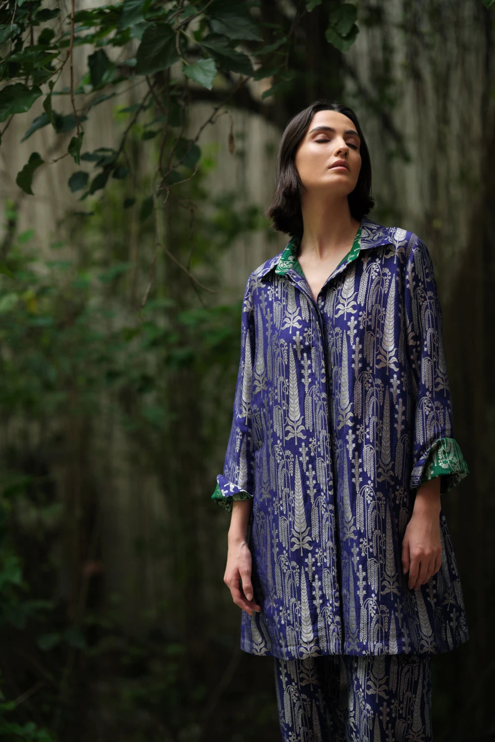 'Vriksha' collared tunic and slim pants munga silk