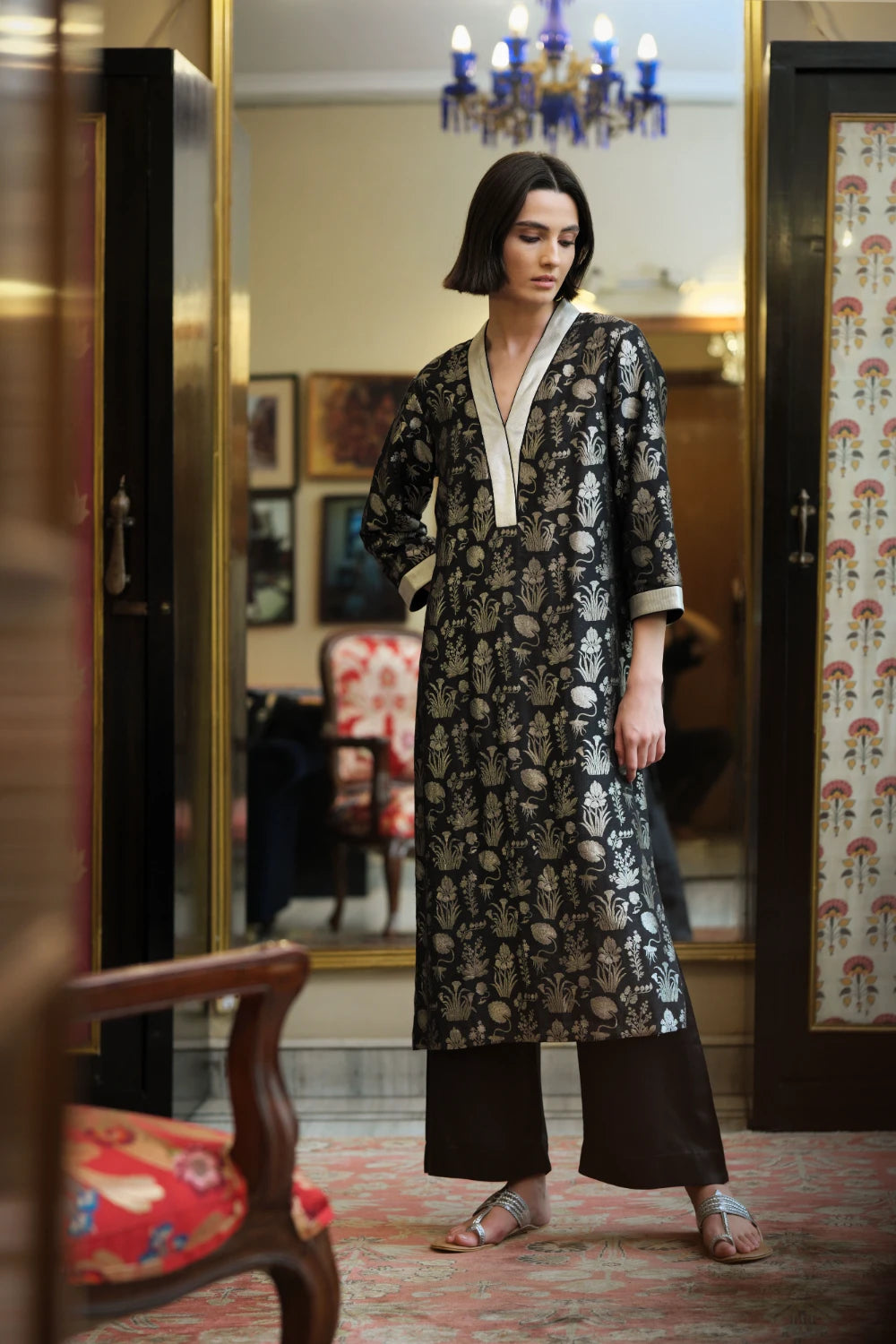 Kurta munga silk black multi buti