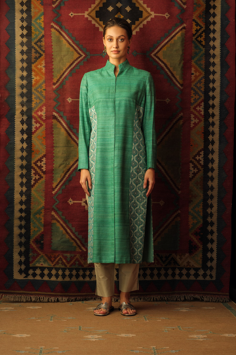 Turqouise silk brocade panel jacket