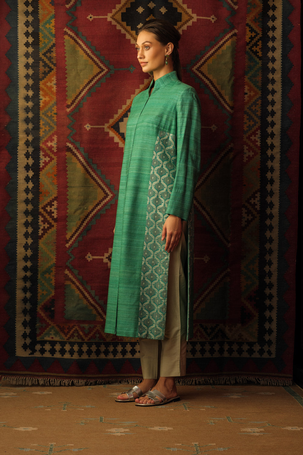 Turqouise silk brocade panel jacket - image 2
