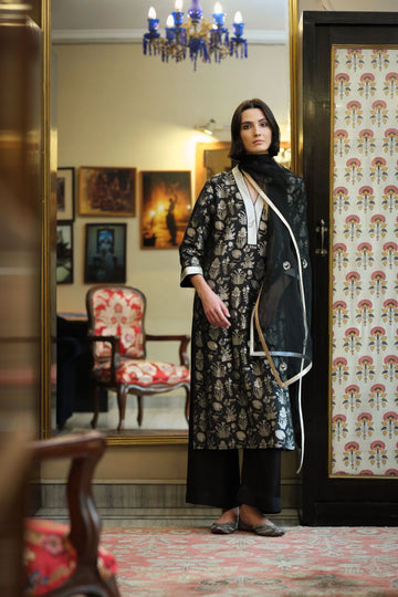 Kurta munga silk black multi buti