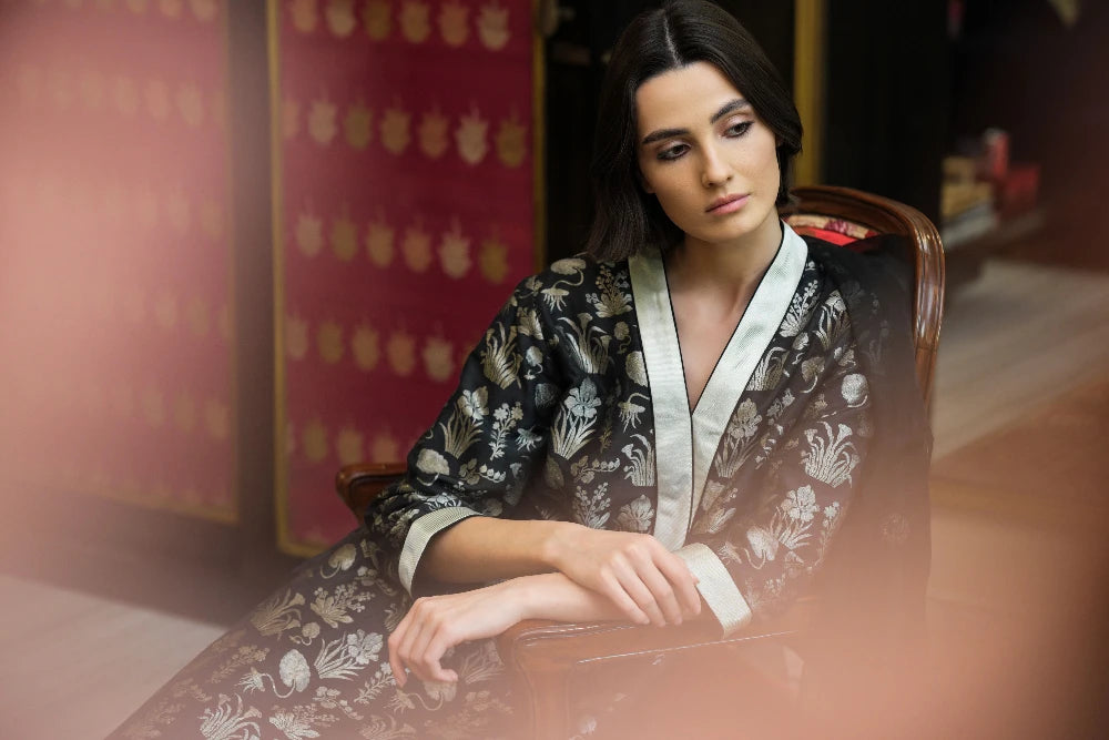 Kurta munga silk black multi buti