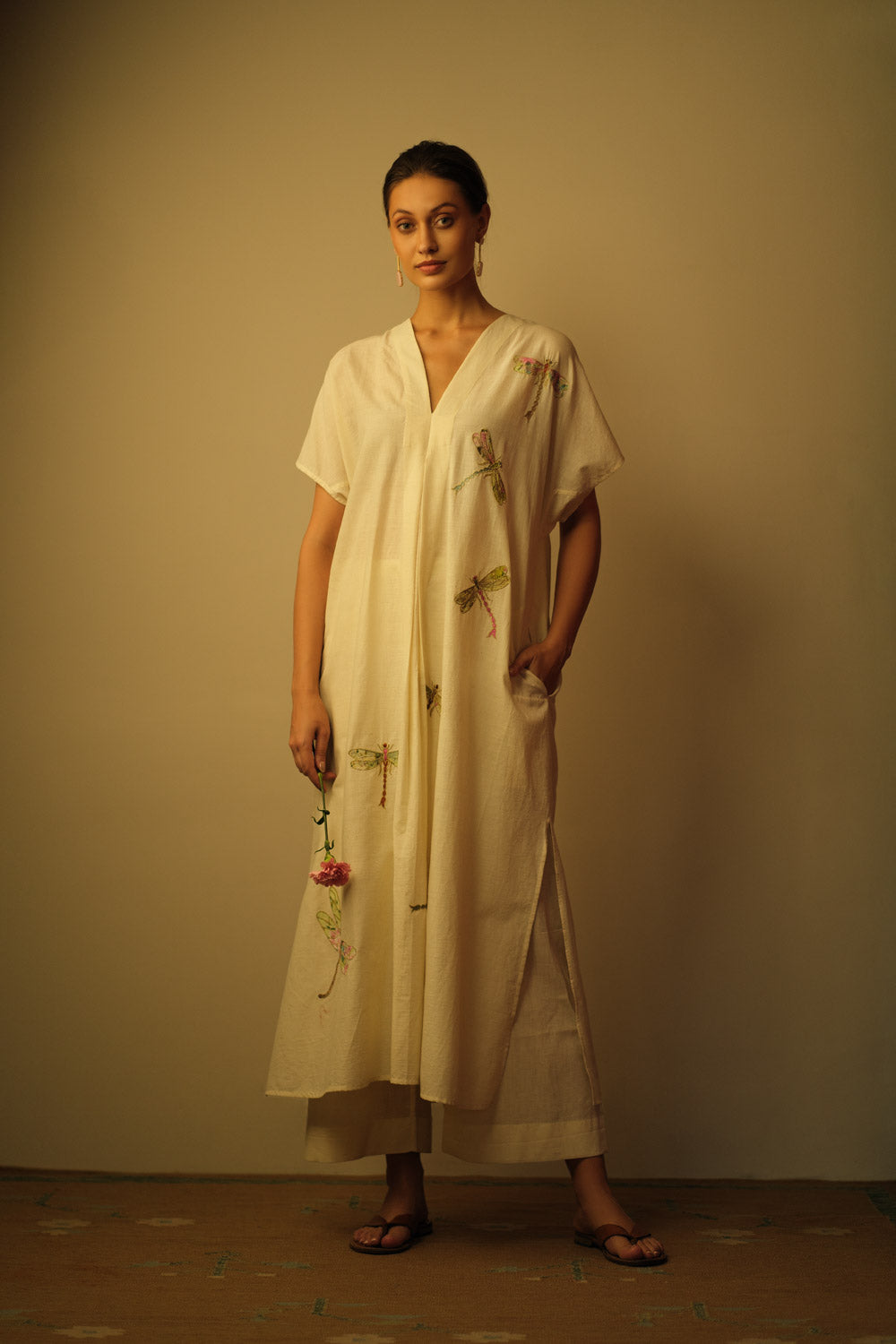 Dragonfly applique embroidered kaftan natural
