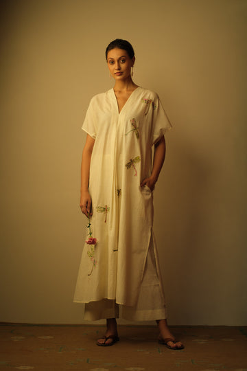 Dragonfly applique embroidered kaftan natural