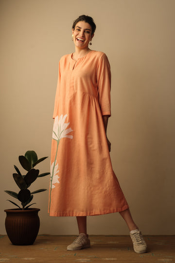 Peony flower applique dress peach