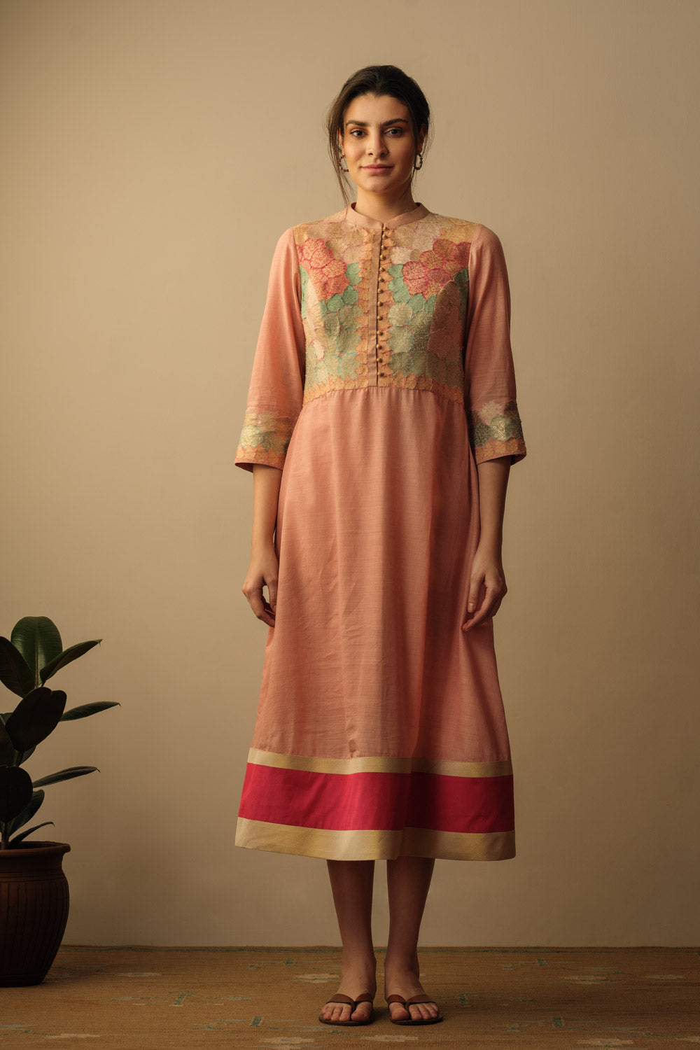 Banaras Bloom A-line applique dress peach