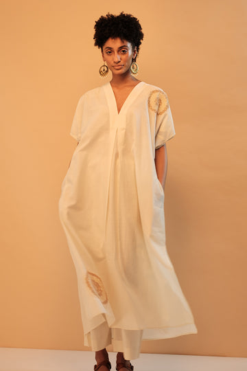 'Chakri' applique embroidered kaftan natural