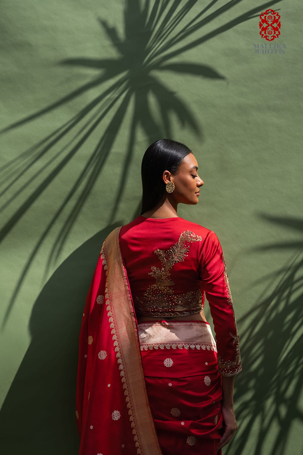 'Zinnia’ red satin silk blouse hand embroidered