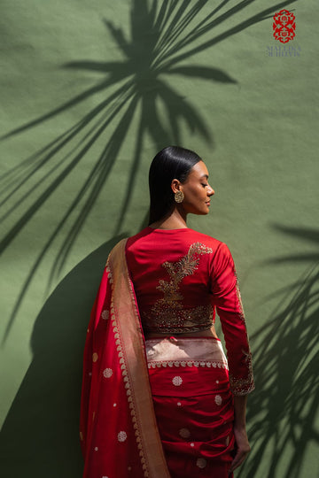 'Zinnia’ red satin silk blouse hand embroidered