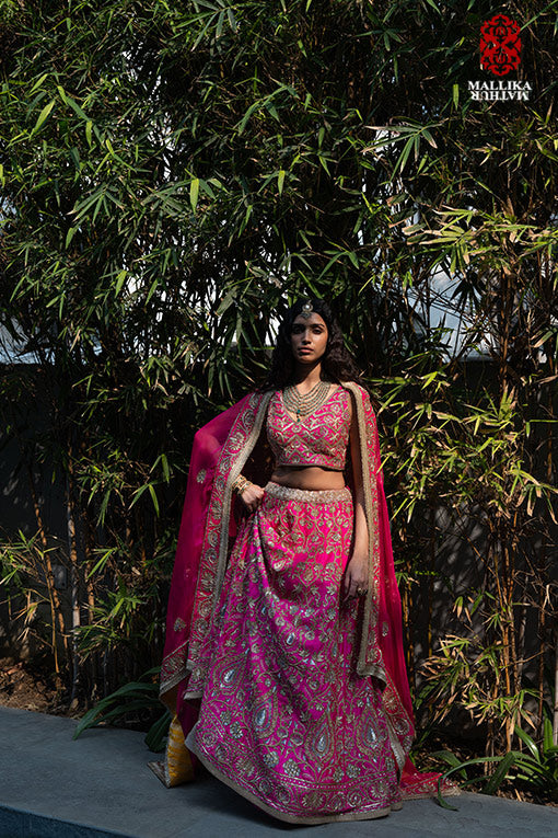 Varija' fushsia dupion silk embroidered kehenga set