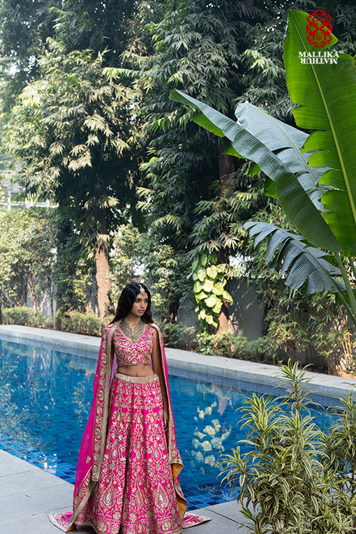 Varija' fushsia dupion silk embroidered kehenga set