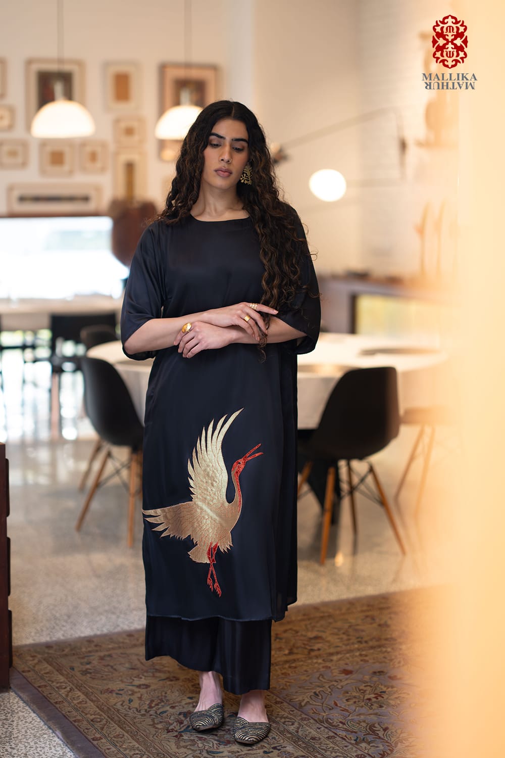 ‘SARAS’ black silk tunic appliqué - image 2