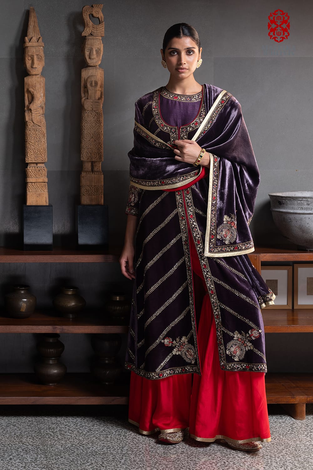 'Nayaab' aubergine velvet jacket embroidered with shawl