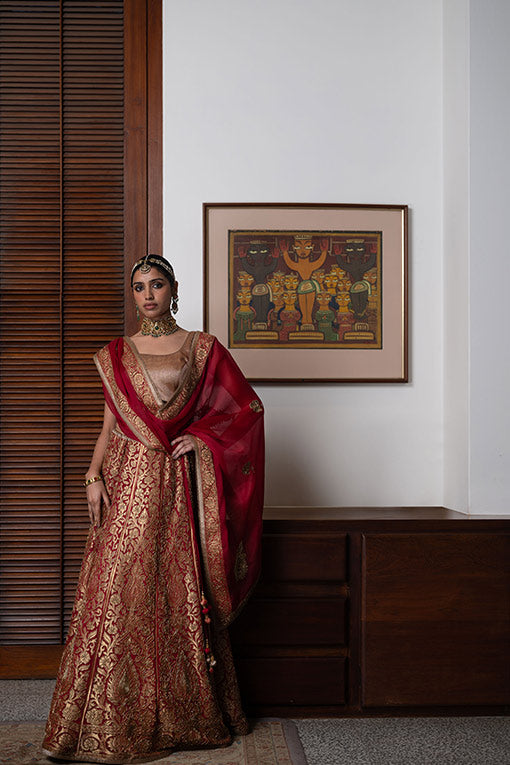 'Ratna' silk georgette embroidered banarasi lehenga burgundy wine