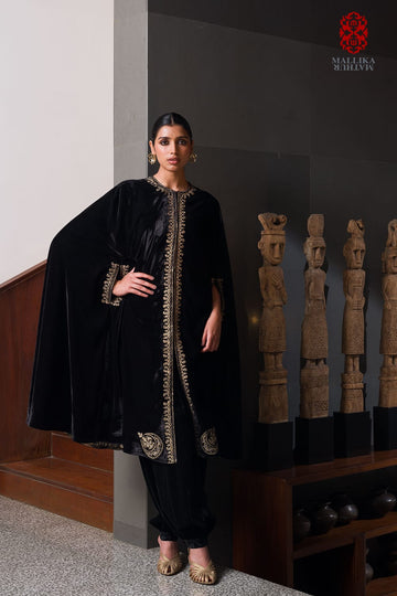 ‘Mahnoor’ black silk velvet cape hand embroidered