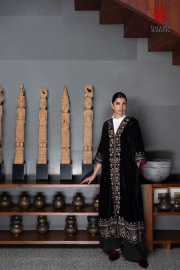 ‘Gul Mehar’ black silk velvet overlay moroccan floral bel embroidery