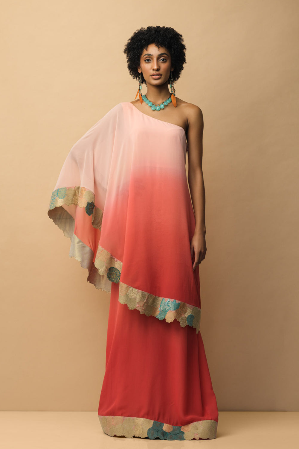 OMBRÈ Banaras Bloom toga dress peach & coral