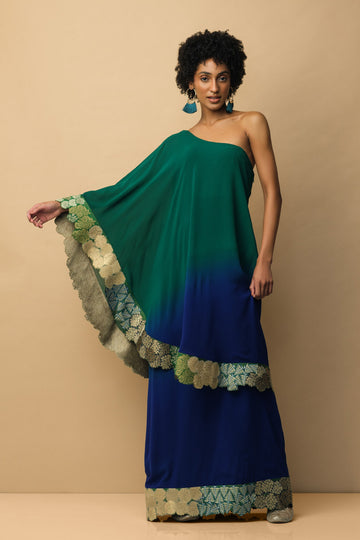 OMBRÈ Banaras Bloom toga dress emerald green & royal blue