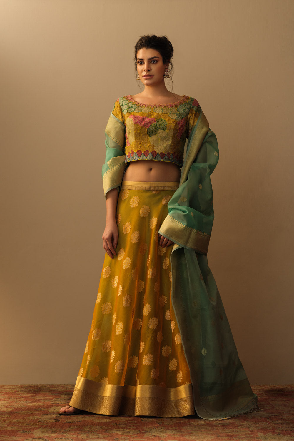 'Mughal Bloom' kora lehenga marigold