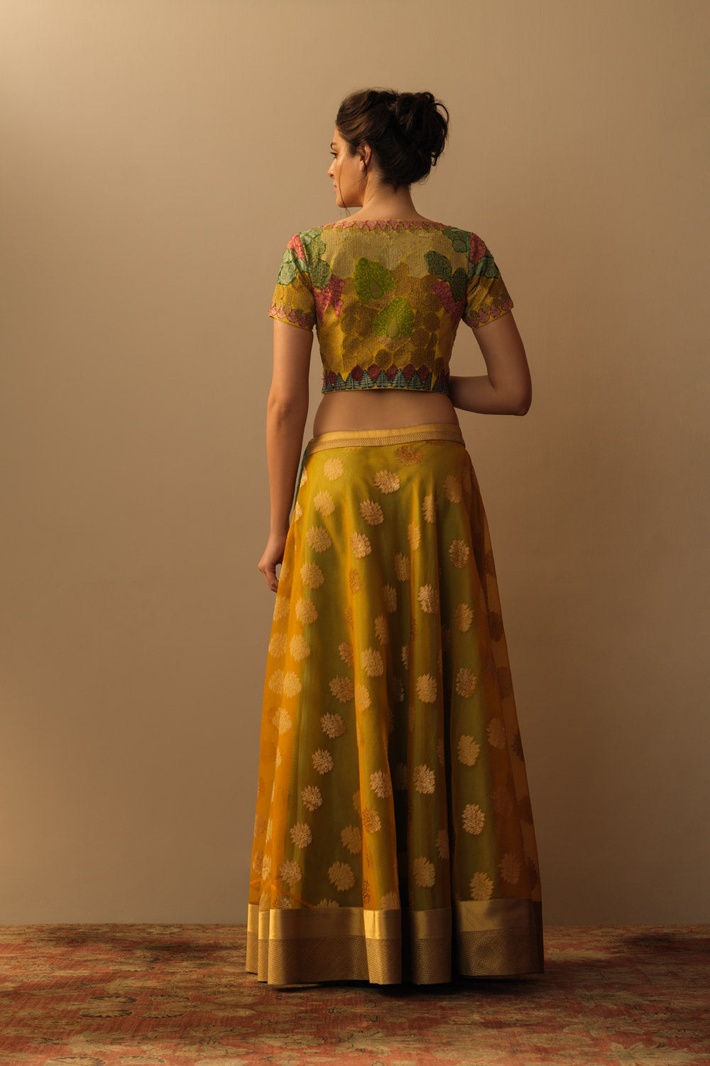 'Mughal Bloom' kora lehenga marigold