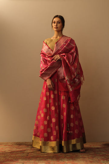 'Mughal Bloom' kora lehenga coral