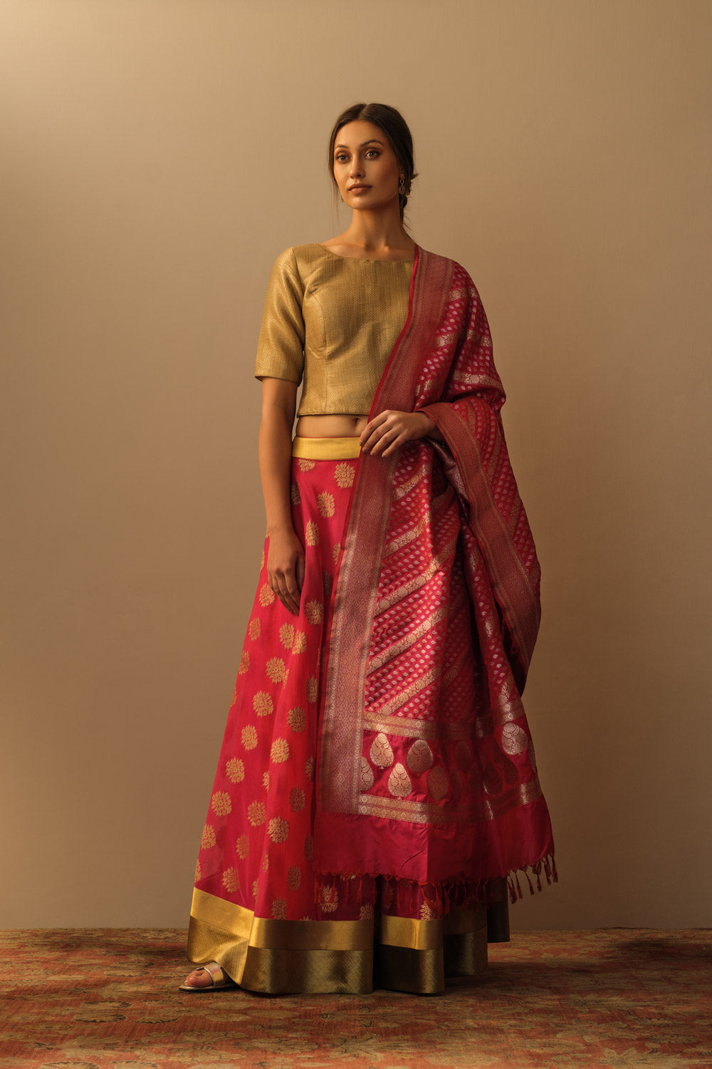 'Mughal Bloom' kora lehenga coral - image 3