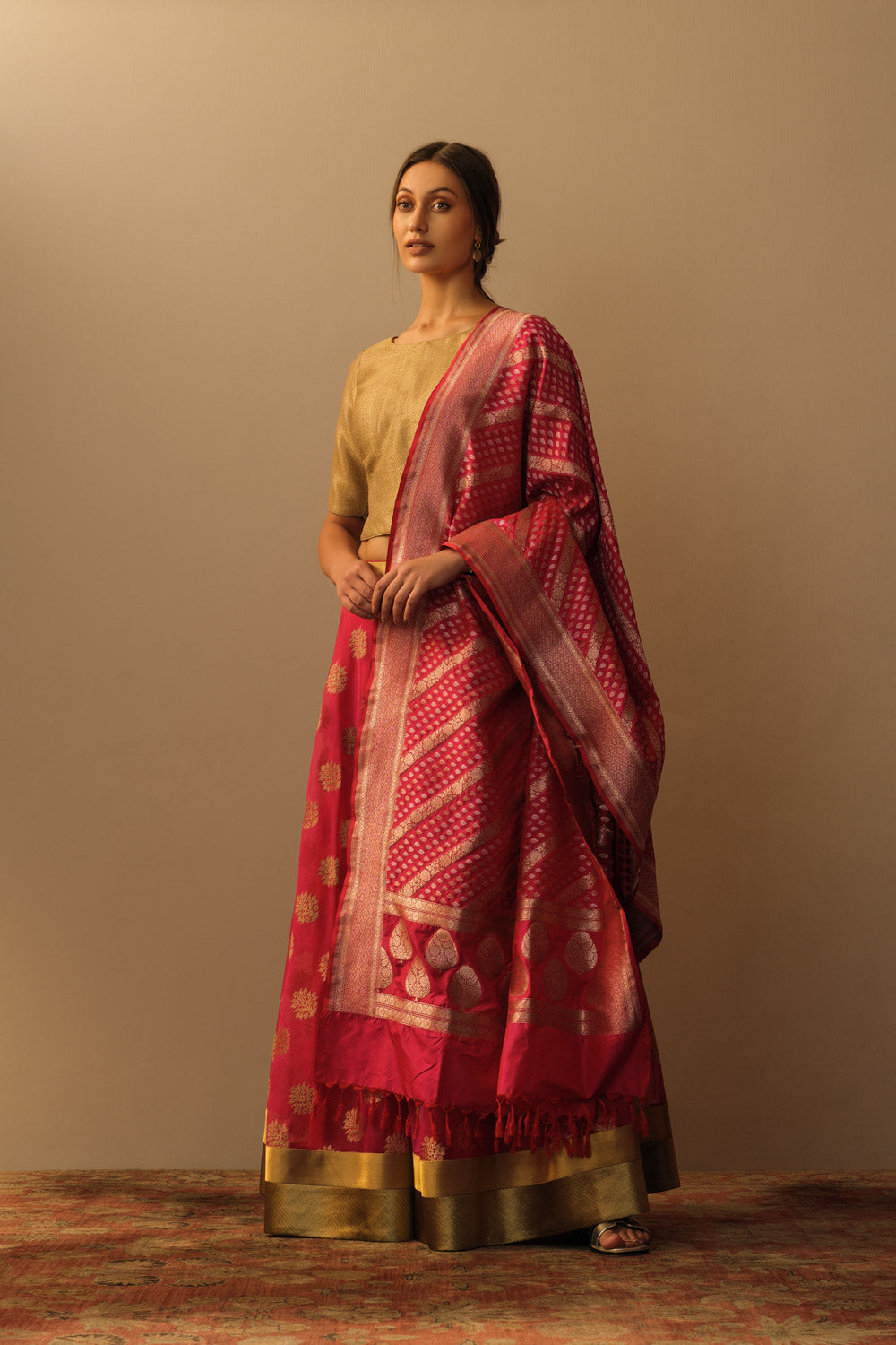 'Mughal Bloom' kora lehenga coral - image 2