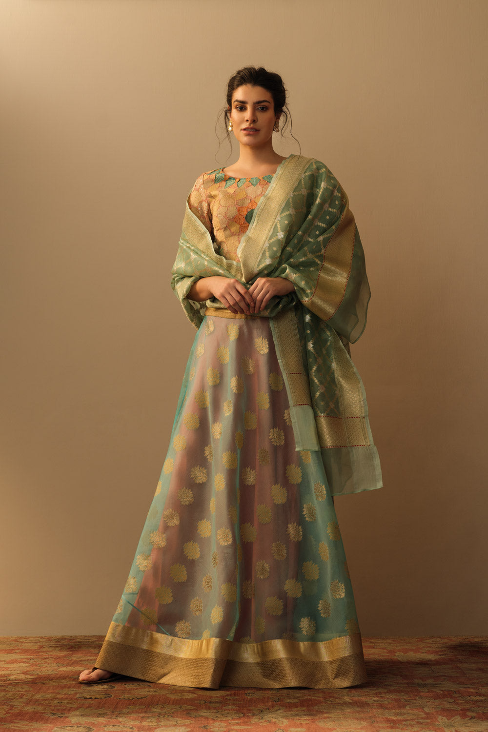 'Mughal Bloom' kora lehenga aquamarine