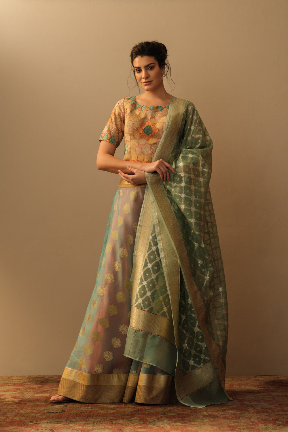 'Mughal Bloom' kora lehenga aquamarine - image 2