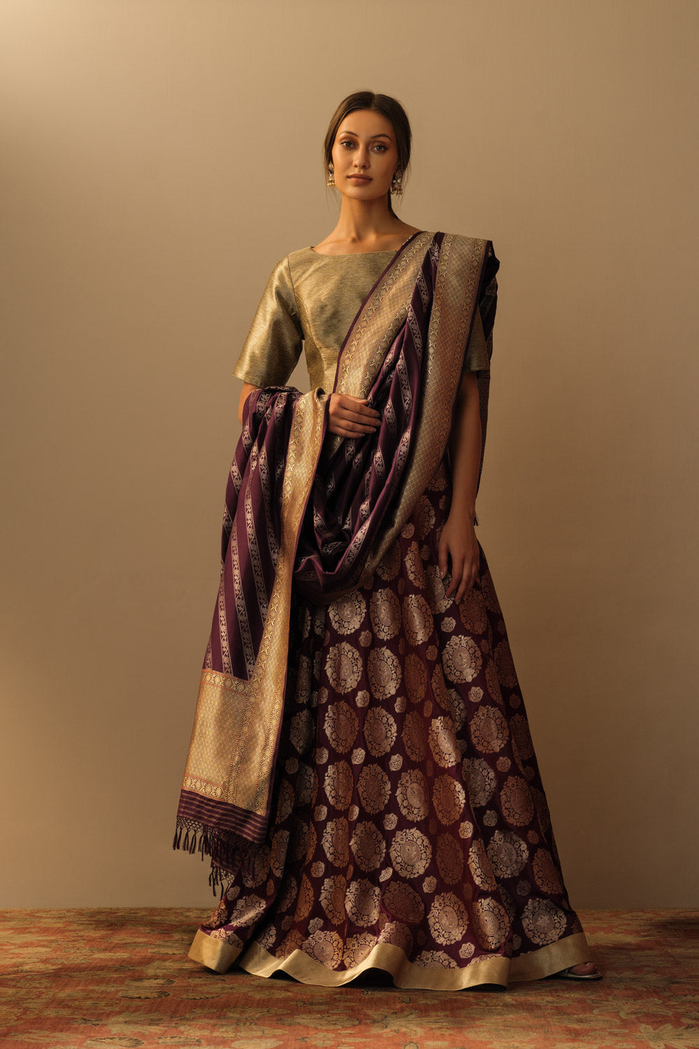 Brocade mughal motif lehenga aubergine - image 4