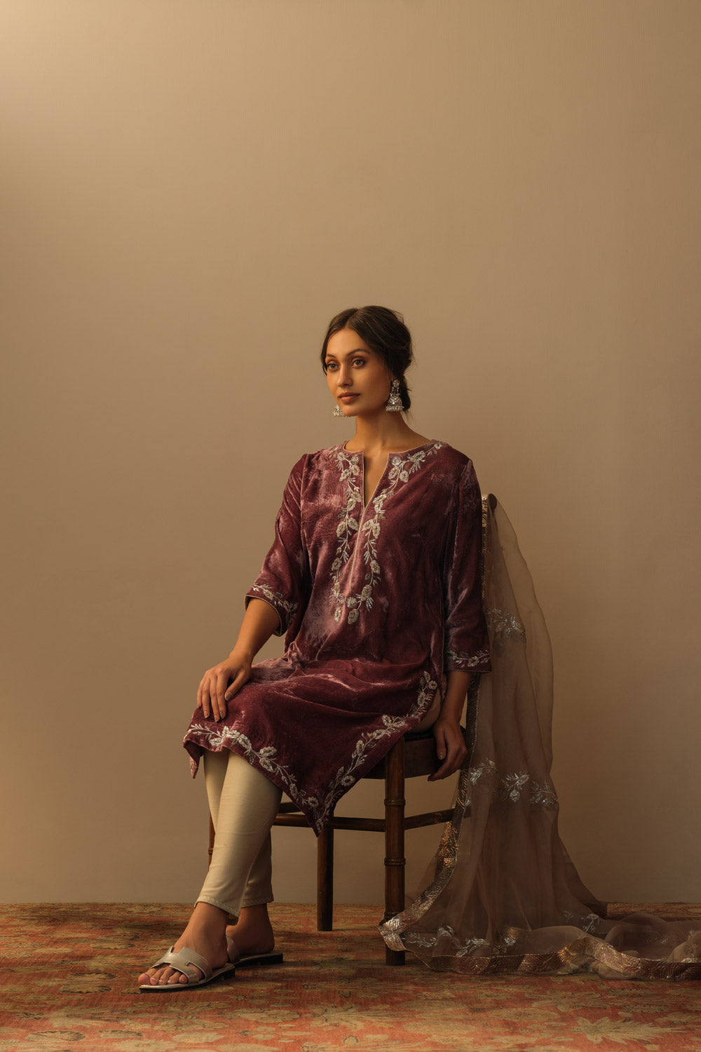 Velvet tunic old rose and silver leaf bel