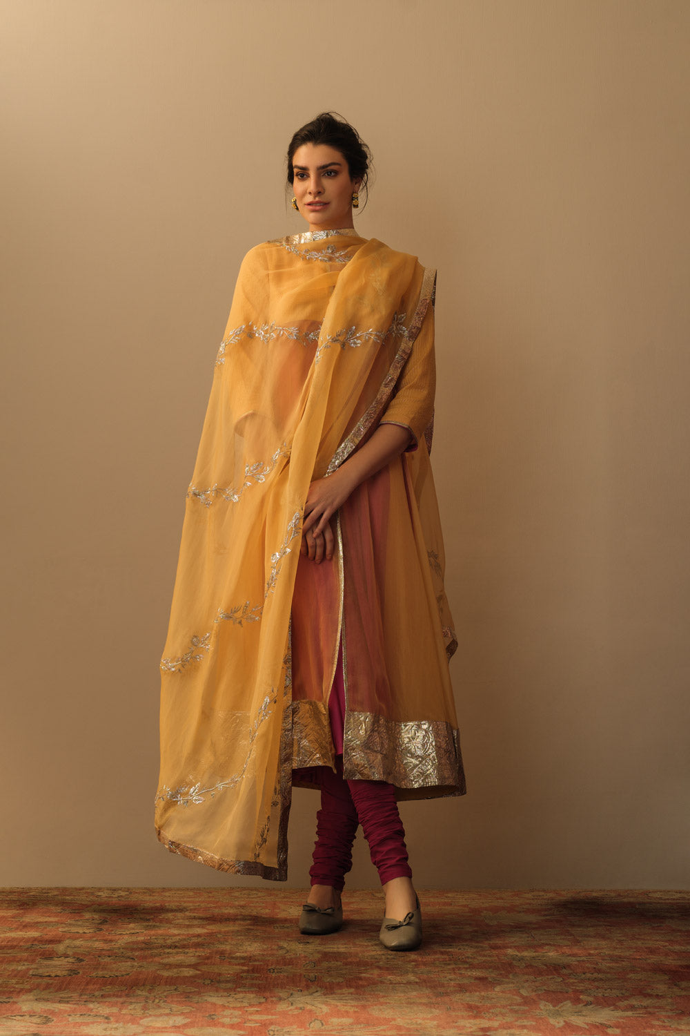 Amras and silver kora anarkali and embroidered dupatta