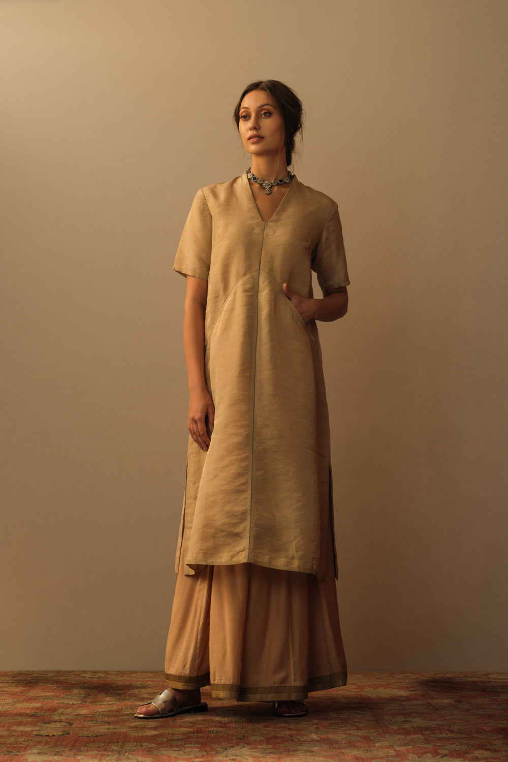 Boho beaded A-Line gold tissue tunic