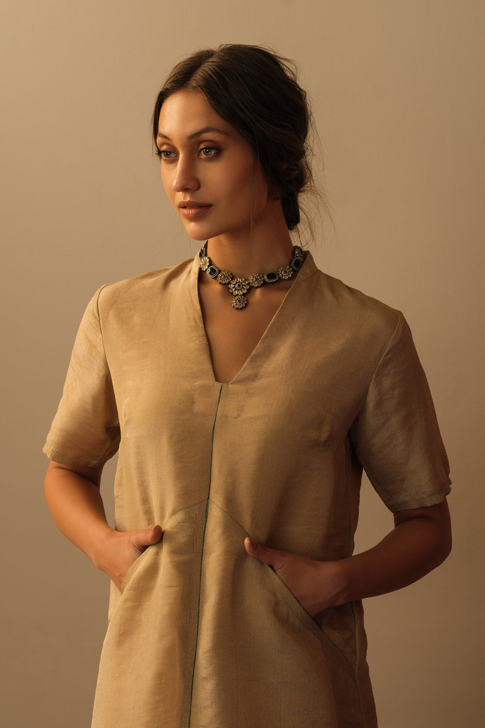 Boho beaded A-Line gold tissue tunic - image 2