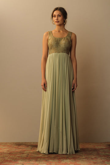 Brocade bodice long dress aquamarine