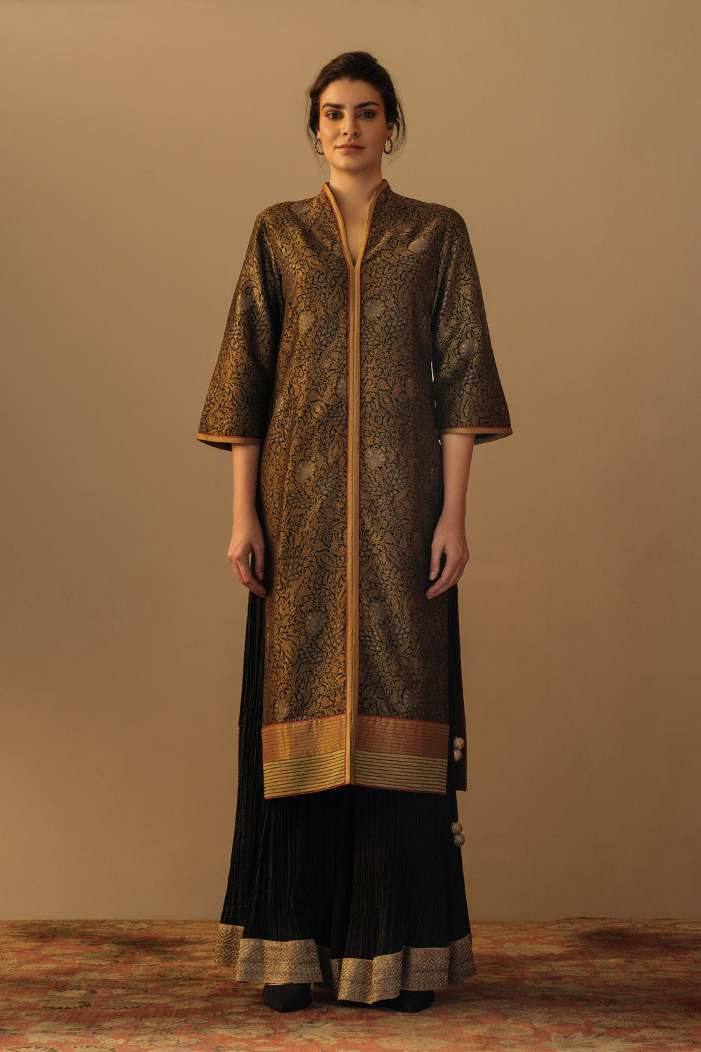 'ZARBAFT' georgette brocade sharara jaal tunic black & silk crinkle sharara
