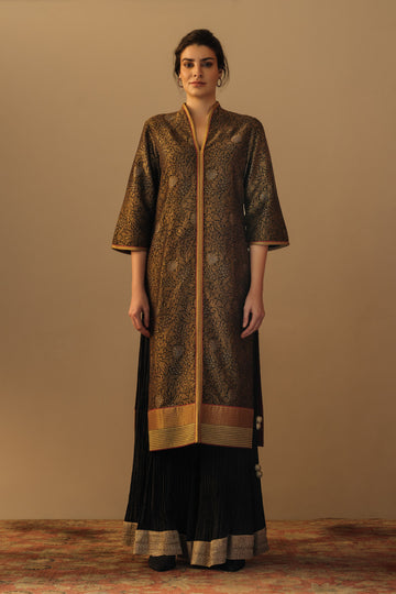 'ZARBAFT' georgette brocade sharara jaal tunic black & silk crinkle sharara