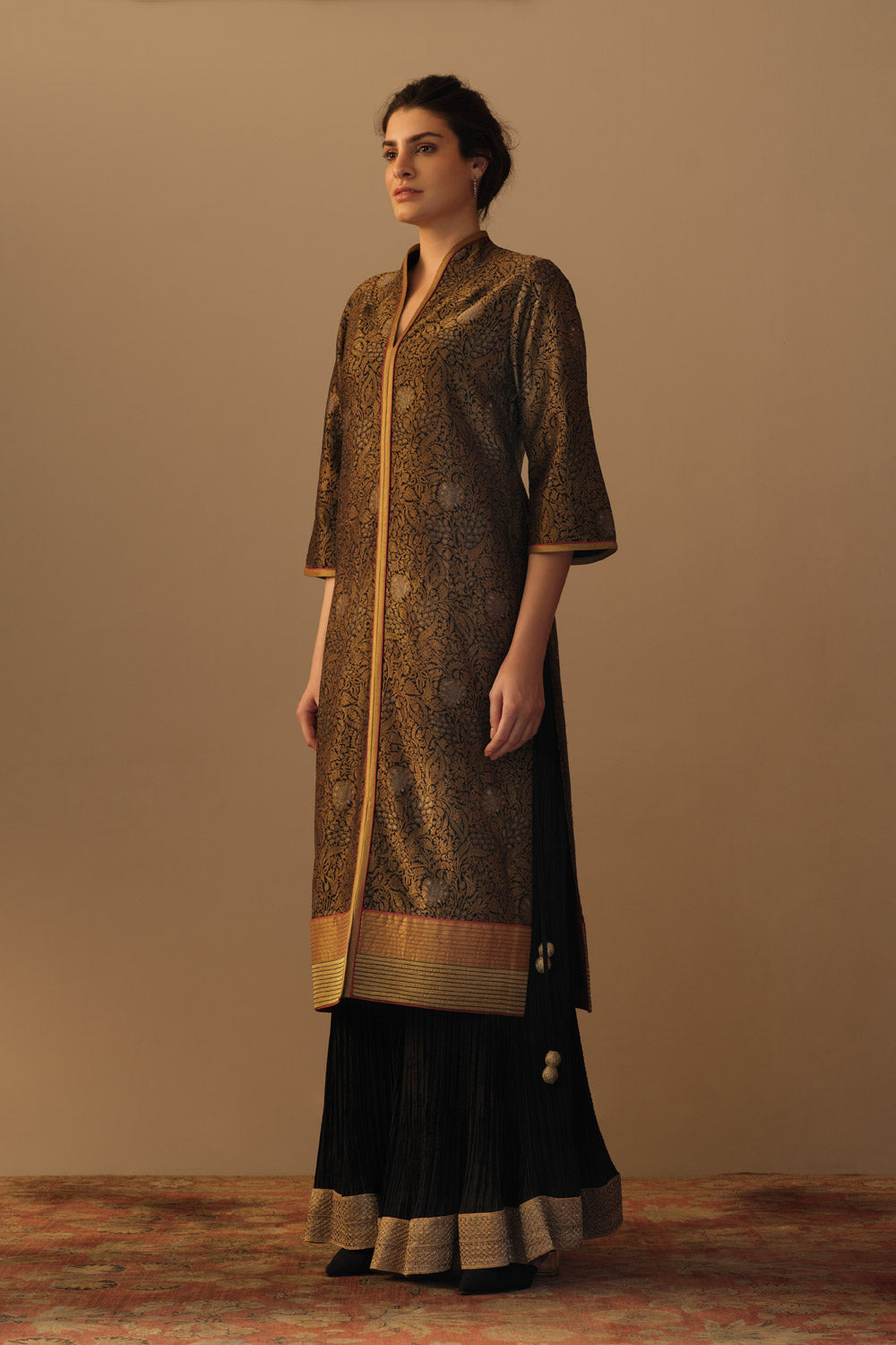 'ZARBAFT' georgette brocade sharara jaal tunic black & silk crinkle sharara - image 3