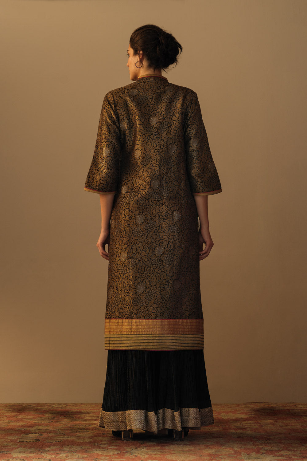 'ZARBAFT' georgette brocade sharara jaal tunic black & silk crinkle sharara