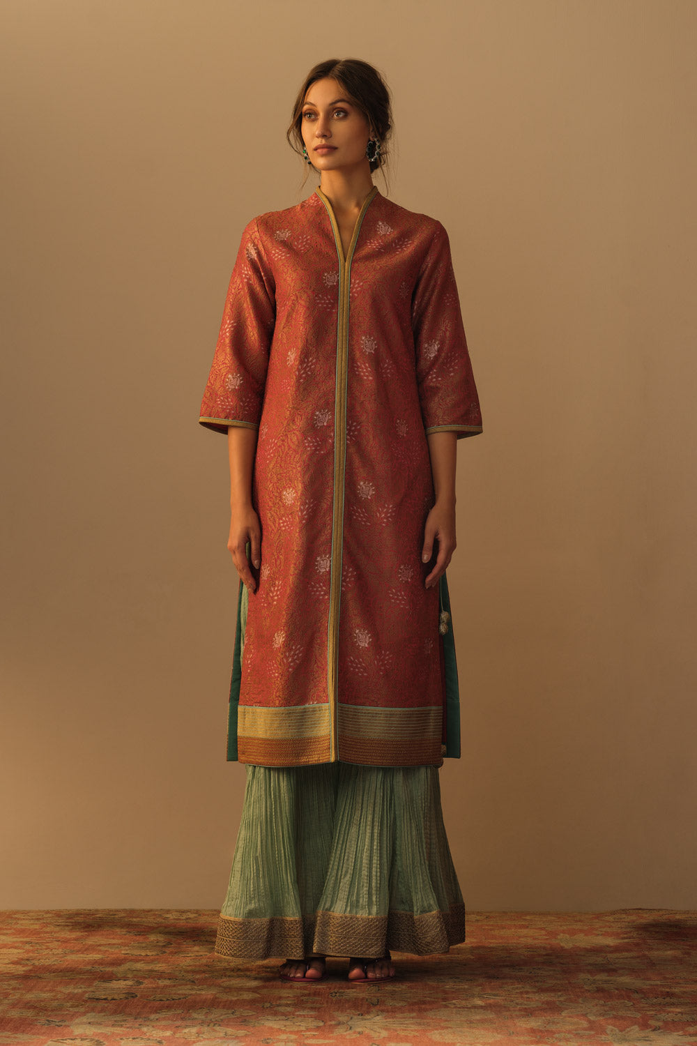 'ZARBAFT' Rani pink georgette brocade jaal tunic & aqua silk crinkle sharara