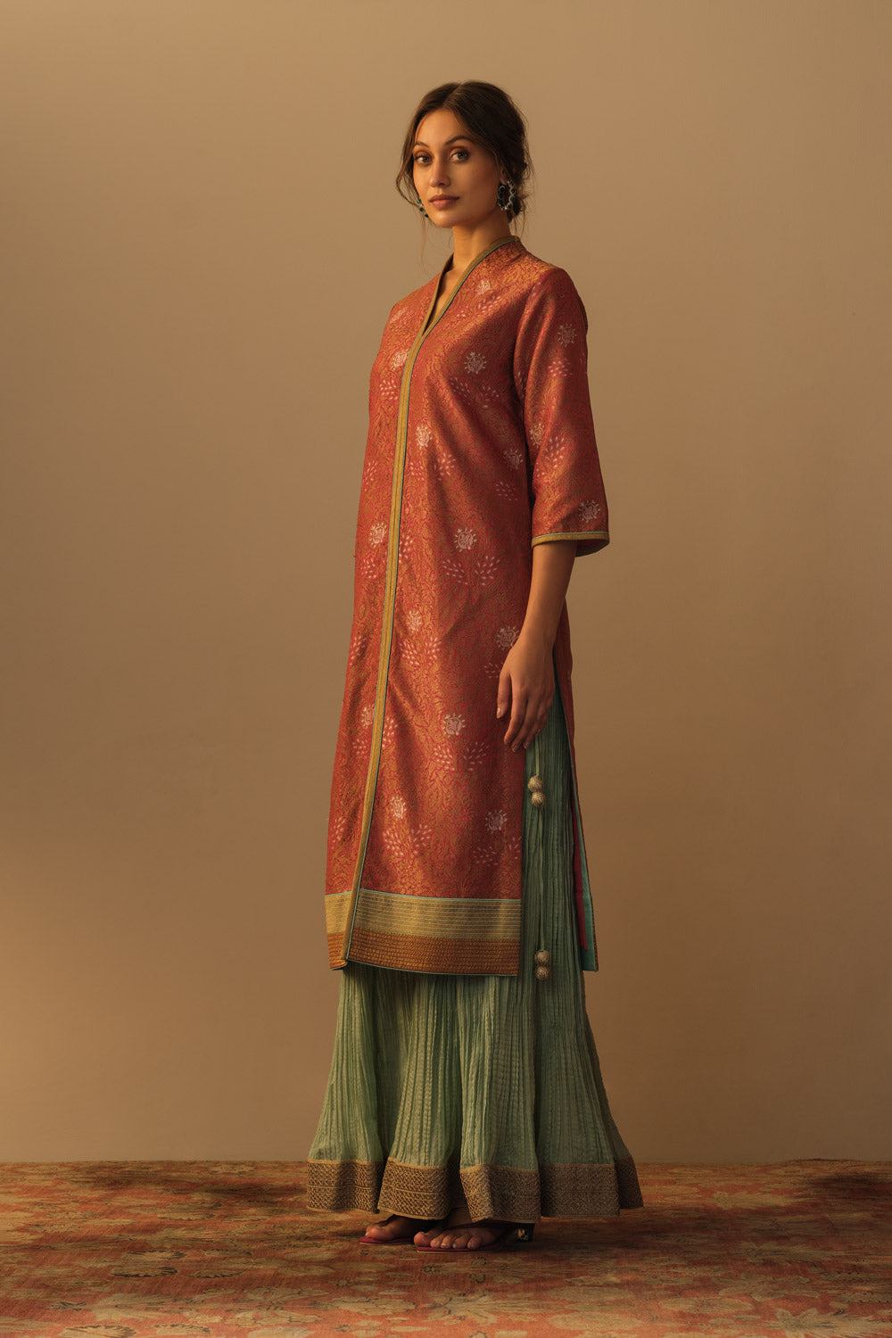 'ZARBAFT' Rani pink georgette brocade jaal tunic & aqua silk crinkle sharara - image 3