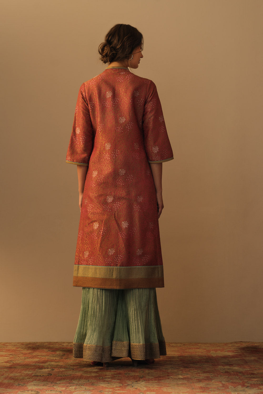 'ZARBAFT' Rani pink georgette brocade jaal tunic & aqua silk crinkle sharara - image 2