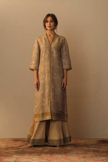 'ZARBAFT' Fawn beige georgette brocade jaal tunic & gold silk crinkle sharara