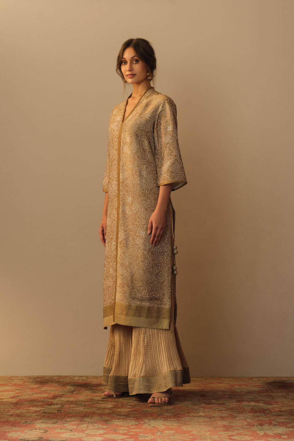 'ZARBAFT' Fawn beige georgette brocade jaal tunic & gold silk crinkle sharara - image 3
