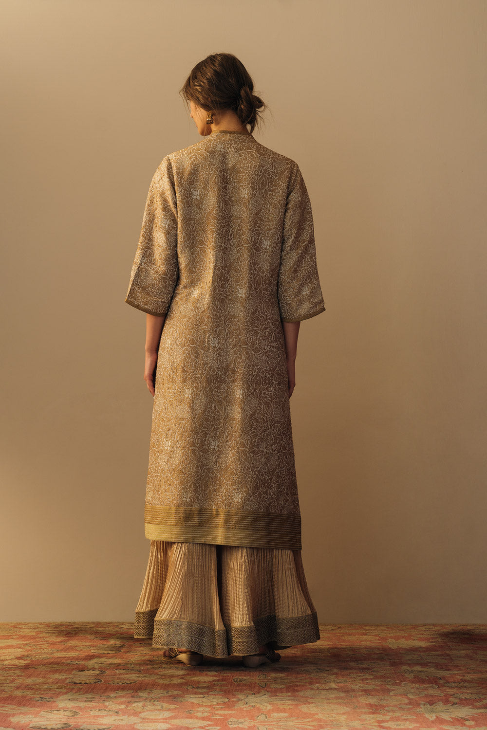 'ZARBAFT' Fawn beige georgette brocade jaal tunic & gold silk crinkle sharara - image 2