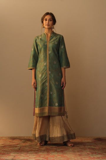 'ZARBAFT' Firoza georgette brocade jaal tunic & gold silk crinkle sharara