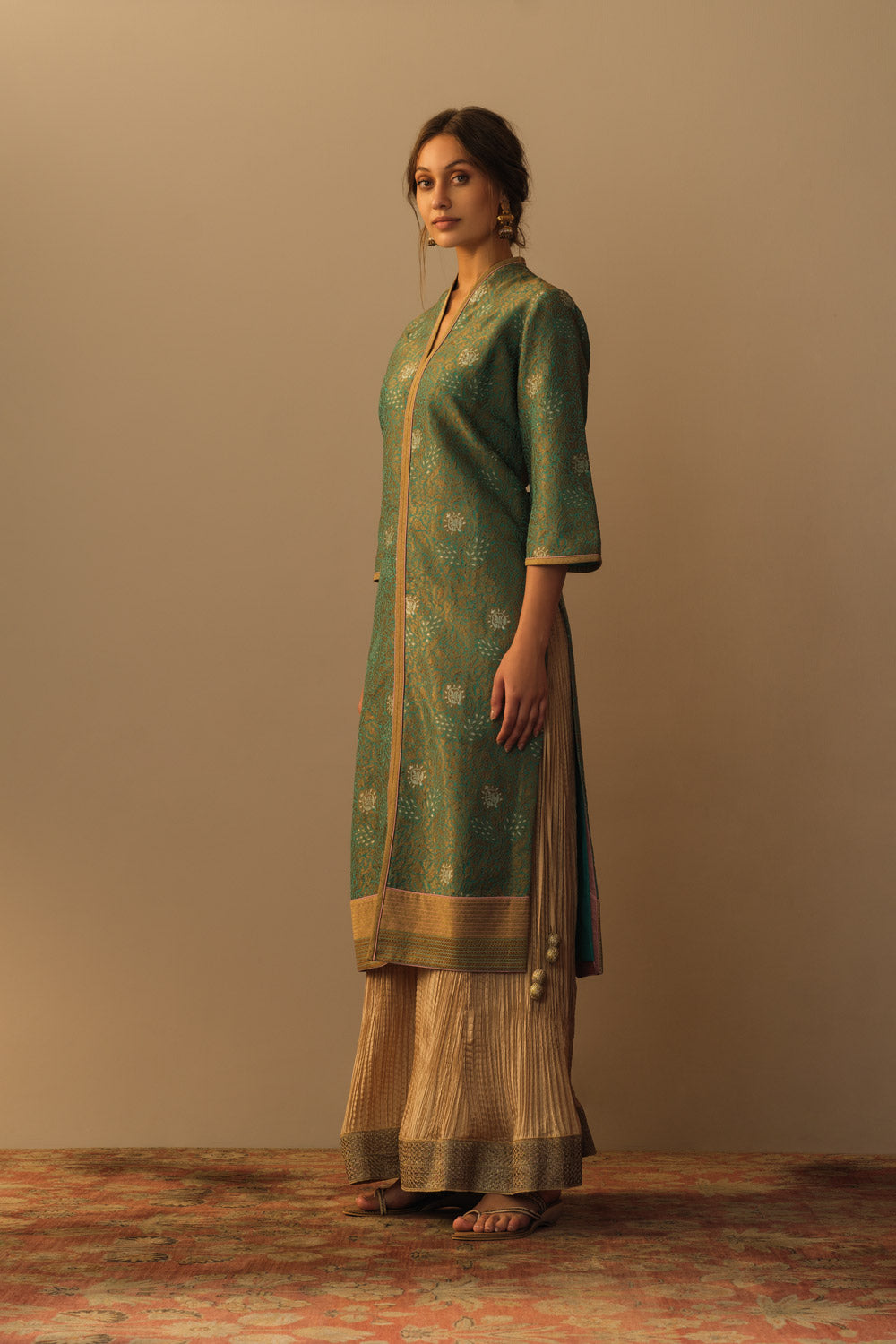 'ZARBAFT' Firoza georgette brocade jaal tunic & gold silk crinkle sharara - image 2