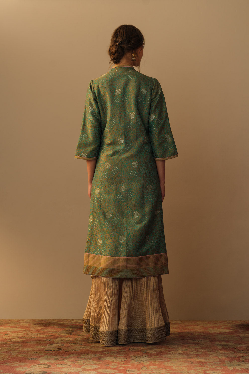 'ZARBAFT' Firoza georgette brocade jaal tunic & gold silk crinkle sharara - image 3