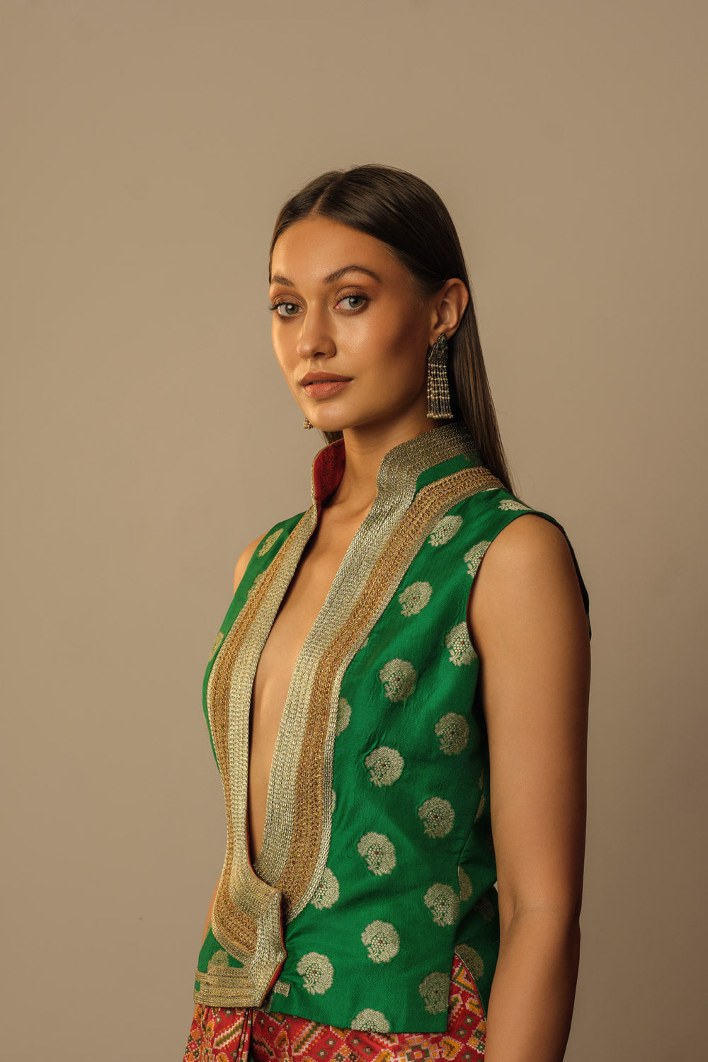 'Fatuhi' zari waistcoat blouse emerald green