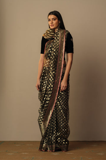Gold ashrafi buti saree black